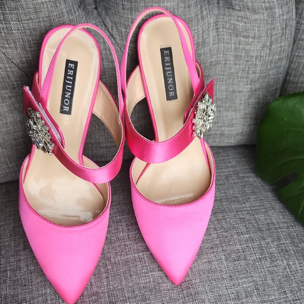 Vibrant Pink Heels with Dazzling Embellishment - Picture 2 of 14